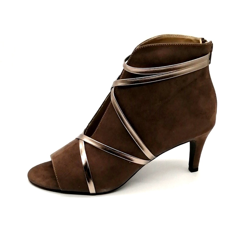 Monroe & Main Womens Heels Brown Front Slit Peep Toe Back Zip Gold Straps 11 NEW
